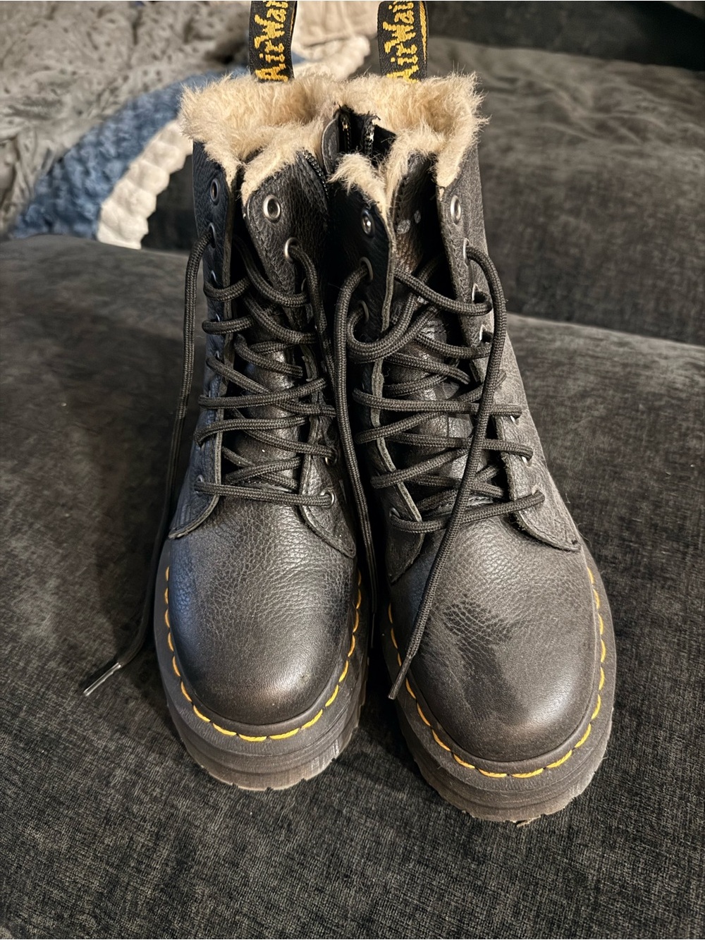 Dr. Martens Black Lace-Up Fur-Trim Combat Boots